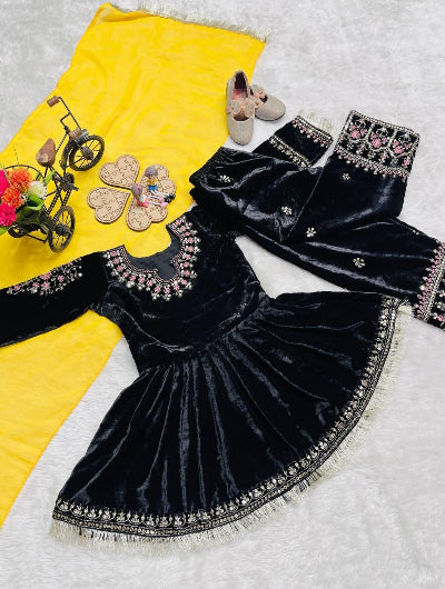 Kids Black & Yellow Velvet Embroidery Salwar Suit