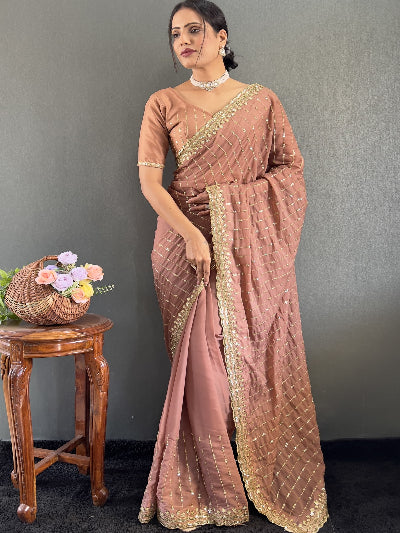 Blush Beige Georgette Silk Readymade Saree Unstitch Blouse pc