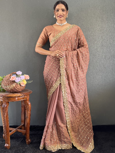 Blush Beige Georgette Silk Readymade Saree Unstitch Blouse pc