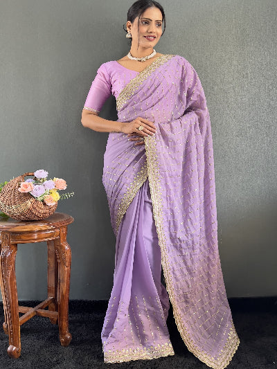 Lilac Georgette Silk Readymade Saree with Unstitch Blouse pc