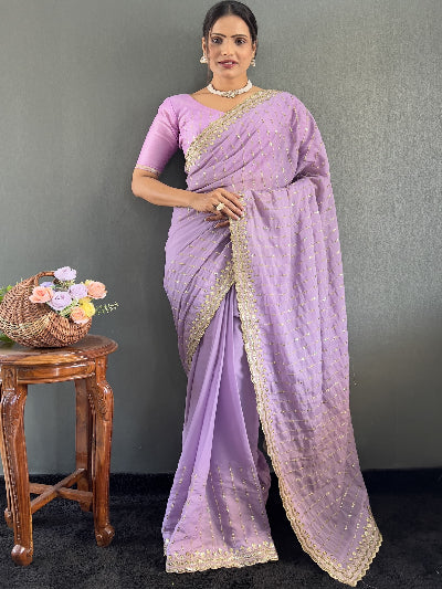 Lilac Georgette Silk Readymade Saree with Unstitch Blouse pc