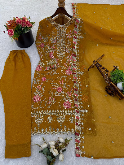 Inaaya Mustard Yellow Designer Embroidery Straight Suit