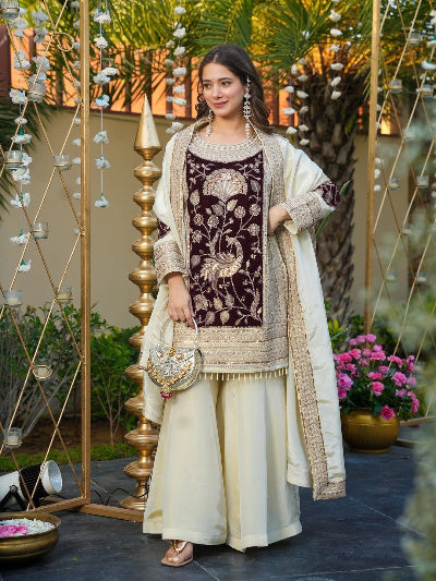 Ivory Maroon Velvet Organza Embroidered Sharara Suit