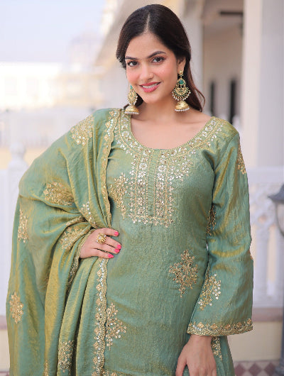 Green Gold Zari Sequins Festive Sharara Suit