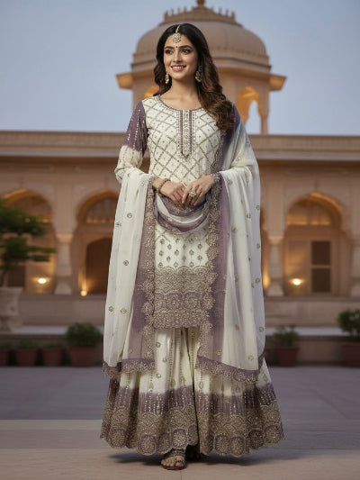 White Lilac Georgette Embroidery Sharara Suit