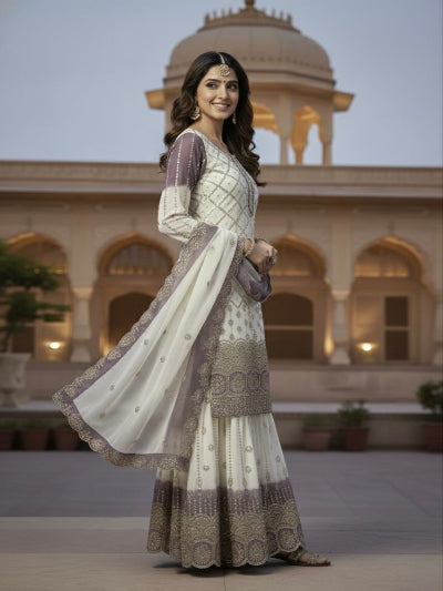 White Lilac Georgette Embroidery Sharara Suit