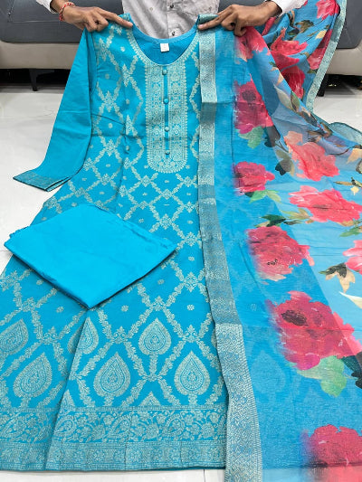 Blue Banarasi Silk Suit With Floral Dupatta