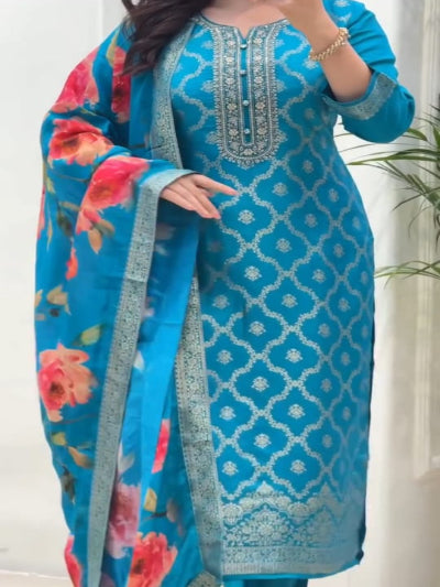 Blue Banarasi Silk Suit With Floral Dupatta