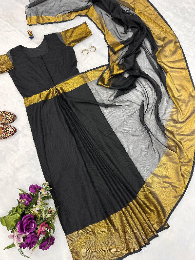 Black Ethnic Zari Patta Stitched Saree Gown UK Next Day