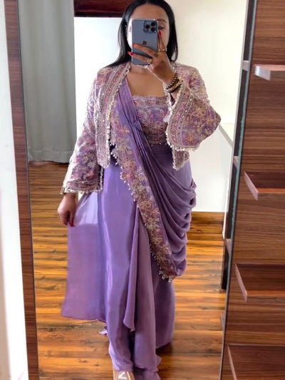 1 Min Lilac Embroidered Ready to Wear Stitched Saree Blouse & Koti