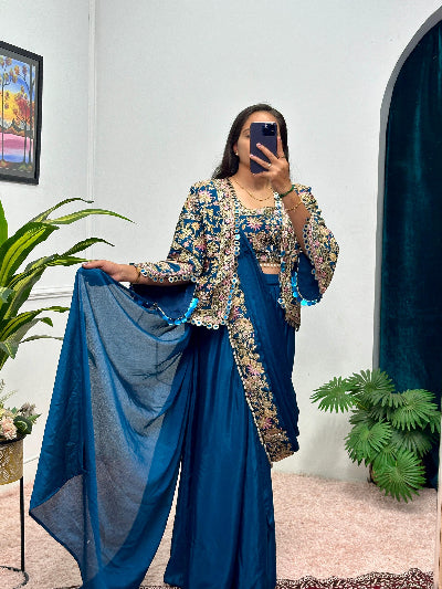 1 Min Teal Blue Embroidered Ready to Wear Saree Blouse & Koti