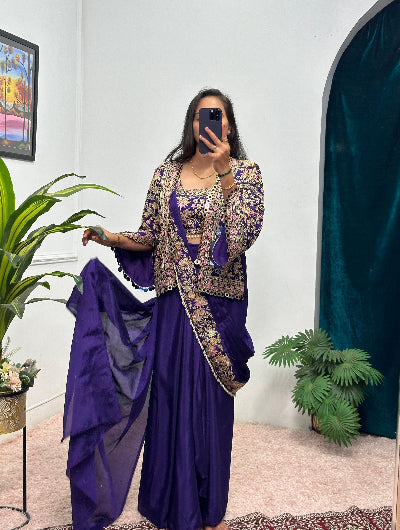 1 Min Purple Embroidered Ready to Wear Saree Blouse & Koti