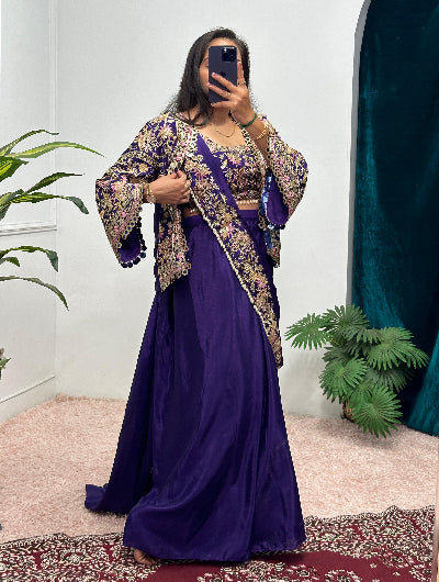 1 Min Purple Embroidered Ready to Wear Saree Blouse & Koti