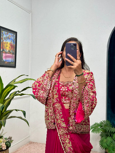 1 Min Magenta Embroidered Ready to Wear Stitched Saree Blouse & Koti