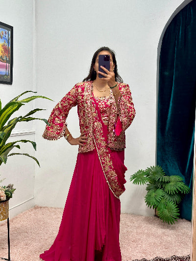 1 Min Magenta Embroidered Ready to Wear Stitched Saree Blouse & Koti