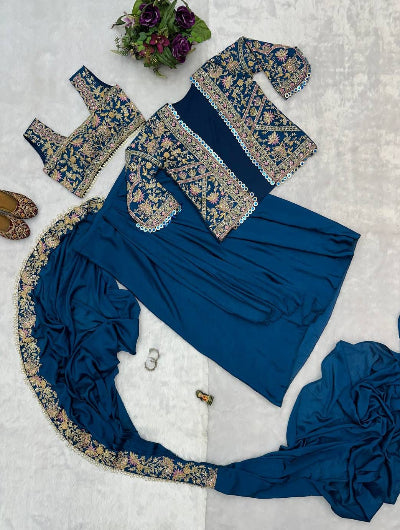 1 Min Teal Blue Embroidered Ready to Wear Saree Blouse & Koti