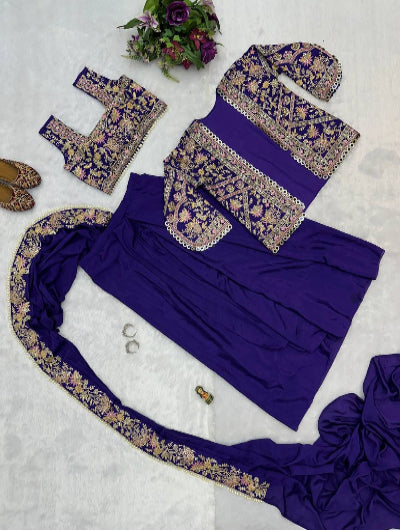 1 Min Purple Embroidered Ready to Wear Saree Blouse & Koti