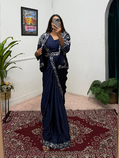 1 Min Navy Blue Embroidered Ready to Wear Saree Blouse & Koti