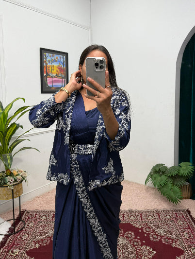 1 Min Navy Blue Embroidered Ready to Wear Saree Blouse & Koti