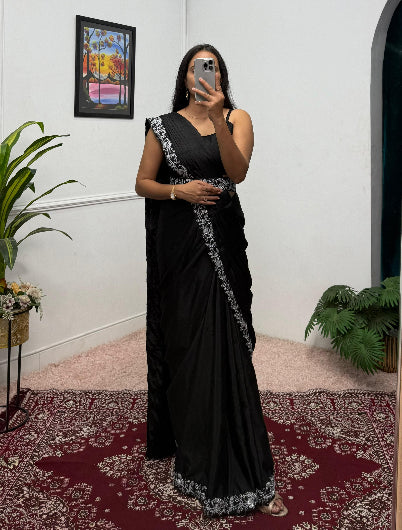 1 Min Black Embroidered Ready to Wear Saree Blouse & Koti