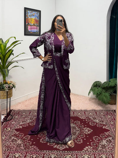 1 Min Plum Embroidered Ready to Wear Saree Blouse & Koti