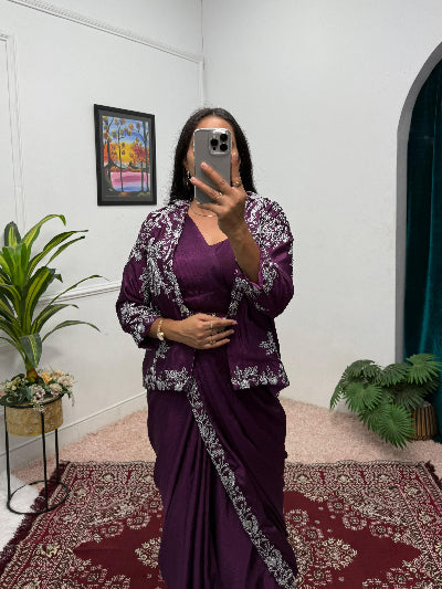 1 Min Plum Embroidered Ready to Wear Saree Blouse & Koti