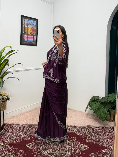 1 Min Plum Embroidered Ready to Wear Saree Blouse & Koti