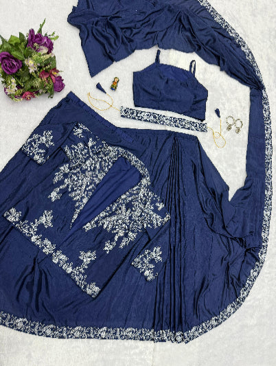 1 Min Navy Blue Embroidered Ready to Wear Saree Blouse & Koti