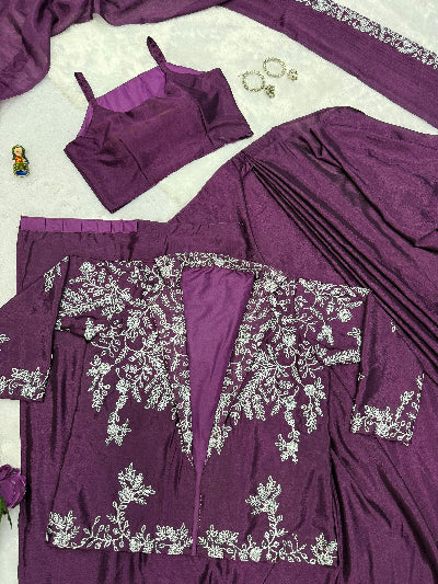 1 Min Plum Embroidered Ready to Wear Saree Blouse & Koti