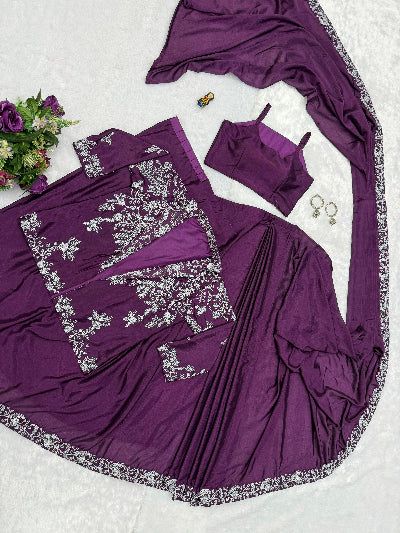 1 Min Plum Embroidered Ready to Wear Saree Blouse & Koti