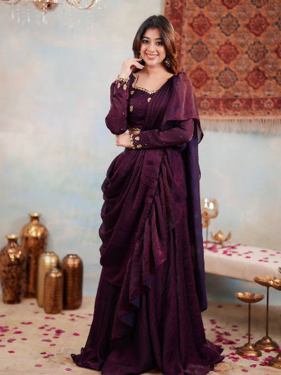 Burgandy Embroidered Designer Partywear Lahenga Saree