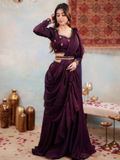 Burgandy Embroidered Designer Partywear Lahenga Saree
