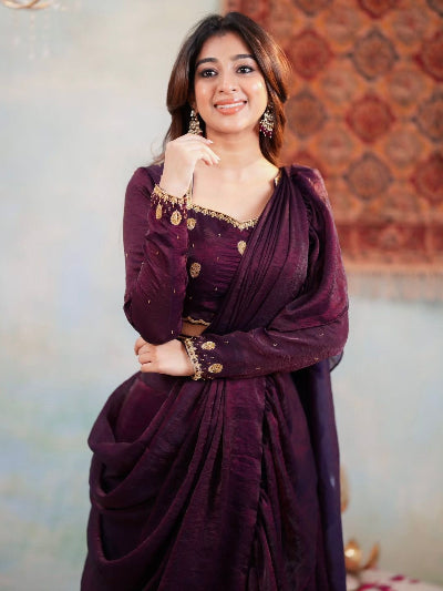 Burgandy Embroidered Designer Partywear Lahenga Saree
