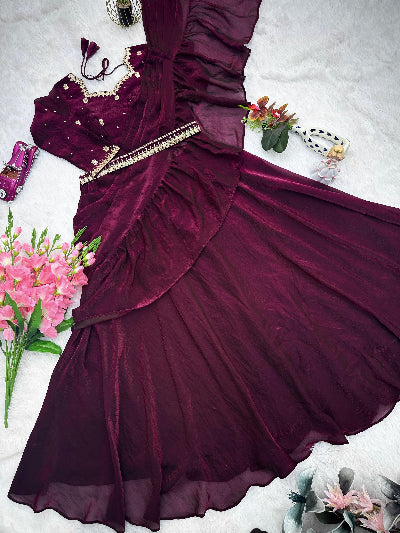 Burgandy Embroidered Designer Partywear Lahenga Saree