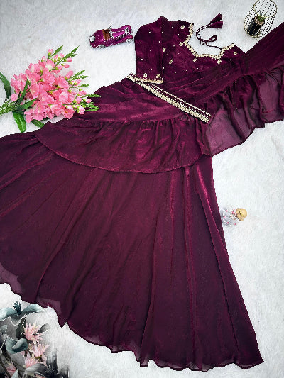 Burgandy Embroidered Designer Partywear Lahenga Saree