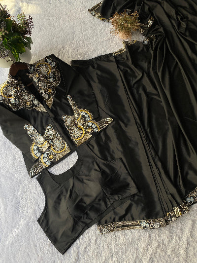 Black Embroidery Work Ready to Wear Saree Blouse & Koti