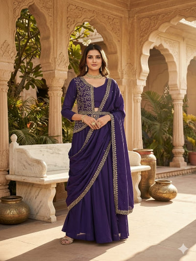 Purple Embroidered Ready to Wear Drape Lehenga Saree