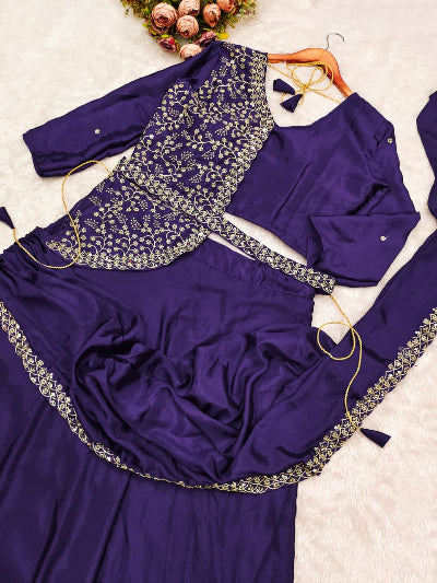 Purple Embroidered Ready to Wear Drape Lehenga Saree