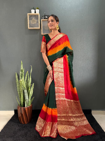 Bottle Green Red Silk Ready To Wear Saree Gown
