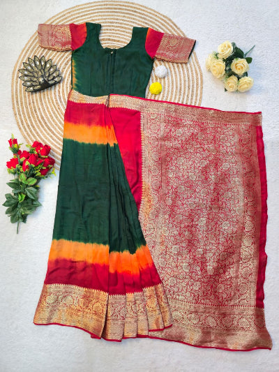 Bottle Green Red Silk Ready To Wear Saree Gown