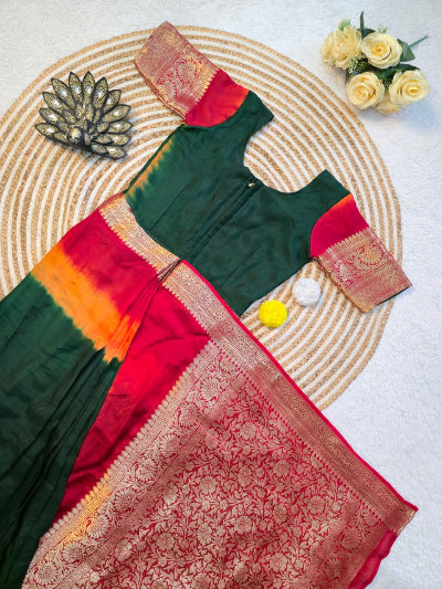 Bottle Green Red Silk Ready To Wear Saree Gown