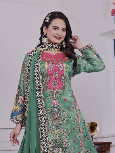 Pastel Green Multicolor Mirror Work Palazzo Suit