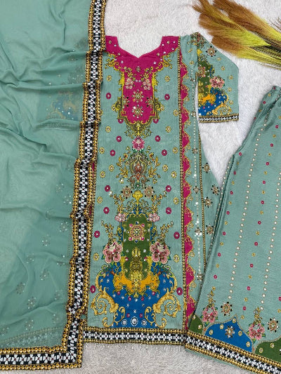 Pastel Green Multicolor Mirror Work Palazzo Suit