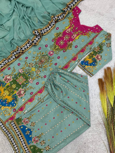 Pastel Green Multicolor Mirror Work Palazzo Suit
