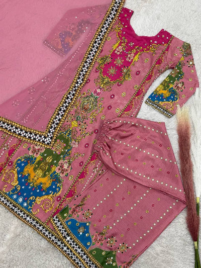 Pastel Pink Multicolor Mirror Work Palazzo Suit