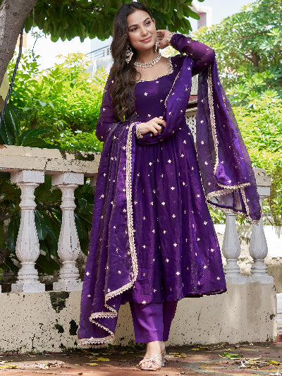Royal Purple Gold Butti Work Anarkali Suit
