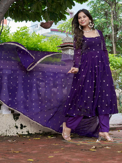 Royal Purple Gold Butti Work Anarkali Suit