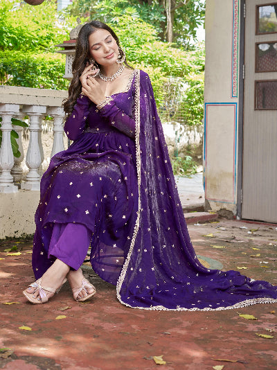 Royal Purple Gold Butti Work Anarkali Suit