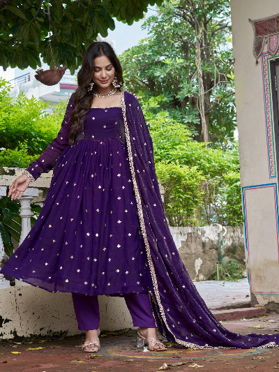 Royal Purple Gold Butti Work Anarkali Suit