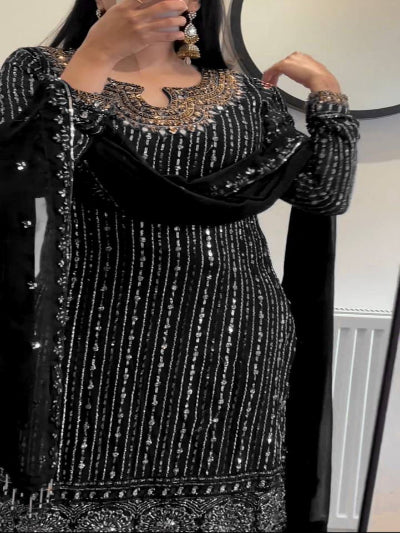 Royal Black Sequins Mirror Work Partywear Straight Suit